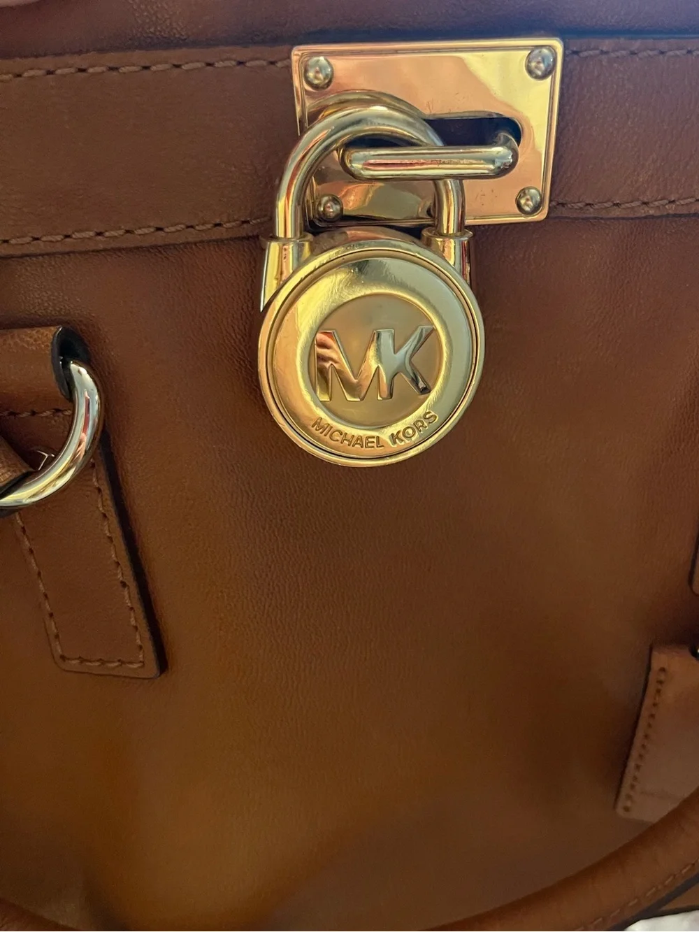 Michael Kors Cognac Leather Satchel with Gold MK Charm